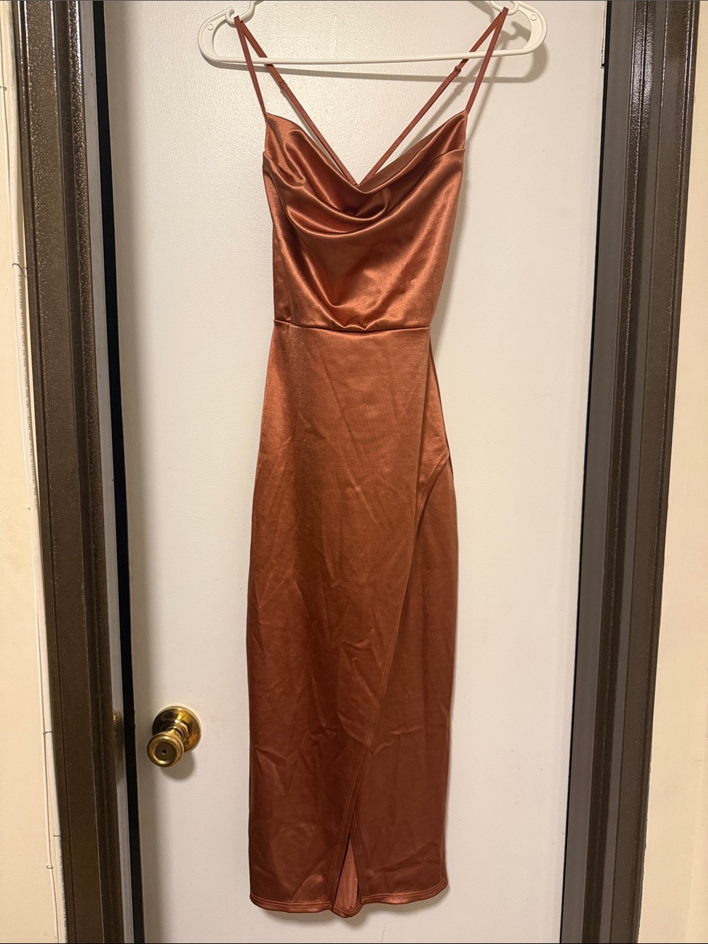 Satin Cowl Neck Slip Dress in Rust